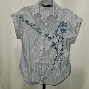Blue & white Short sleeve striped floral blue cherry blossom embroidery top